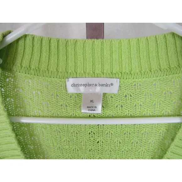 Christopher & Banks XL Chartreuse Open Knit Crochet One Button Cardigan Sweater - Picture 8 of 10